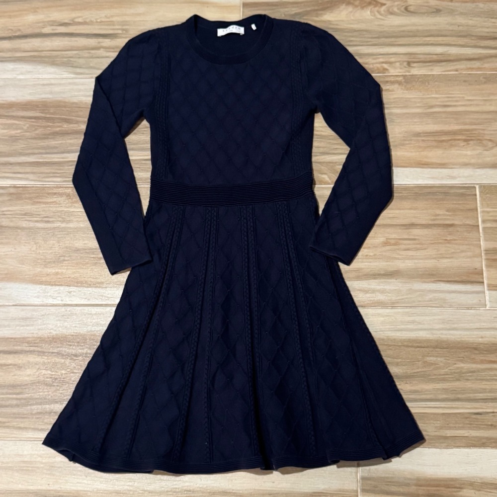 Sandro Paris Navy Blue Diamond Cable Knit Fit & Flare Long Sleeve Dress Size 2